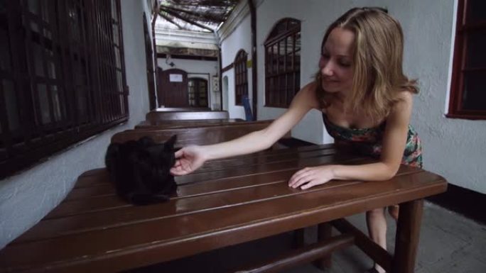 在马其顿北部斯科普里的老集市上，一个女孩在桌子上抚摸一只黑猫
