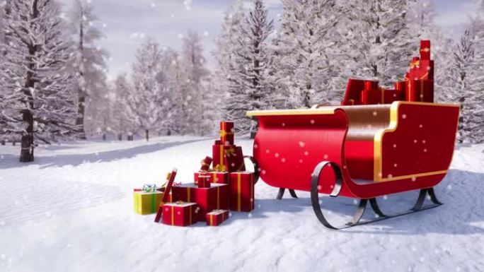 降雪日3D动画中冬季冷杉森林中的圣诞老人雪橇