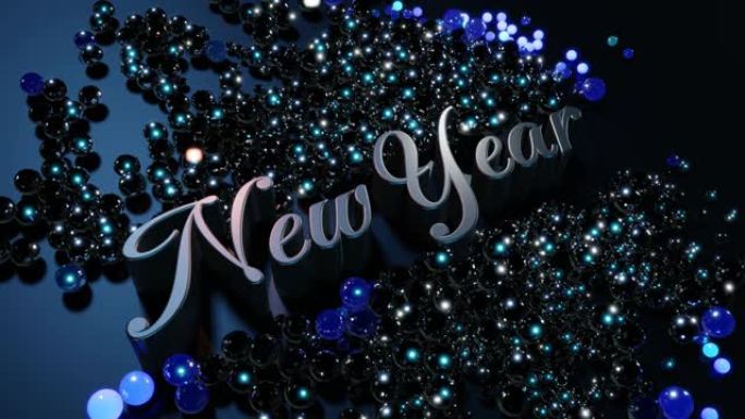 3D新年的环形背景，带有铭文新年和花环，散落在平面上的球点亮，形成美丽的图案。色彩和光线闪烁的波浪。