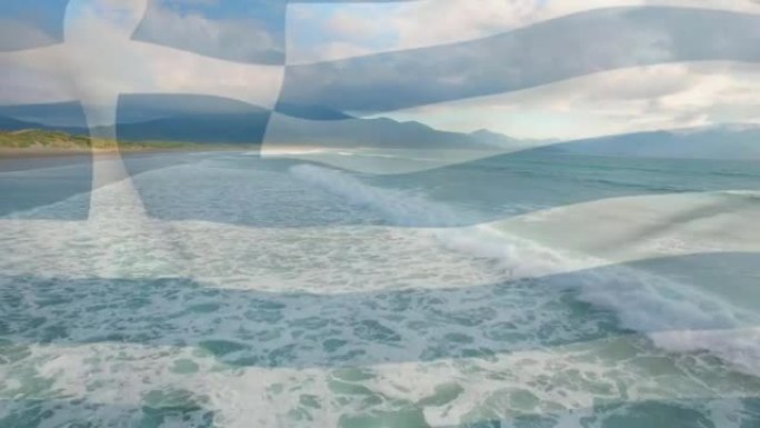 数字组成的挥舞希腊国旗对抗海波的鸟瞰图