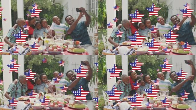动画的星星与美国国旗挥舞在微笑的非洲裔美国家庭