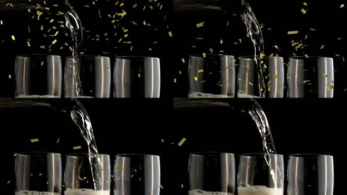 黑色背景上的金色五彩纸屑掉落在香槟杯上的动画