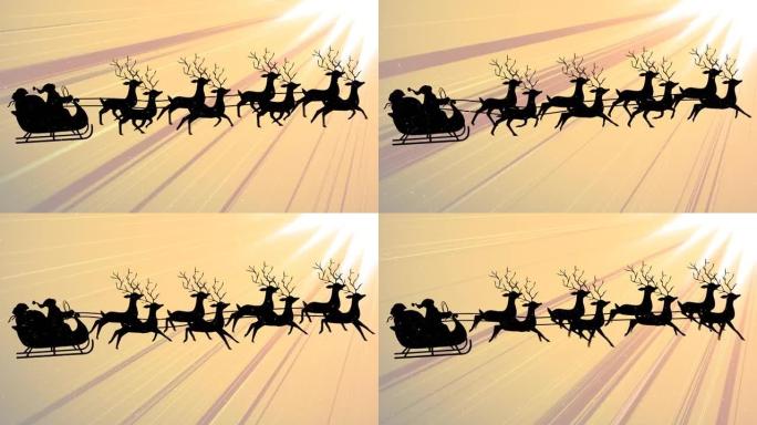 雪落在雪橇上的圣诞老人上，被驯鹿拉到黄光小径上
