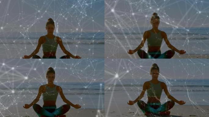 白人妇女在海滩上练习瑜伽的联系网络动画