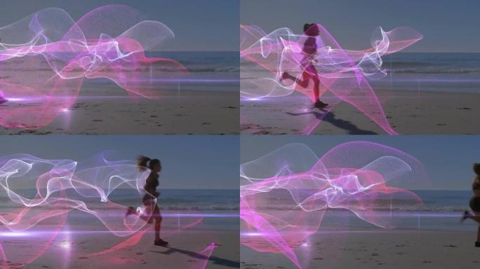 在海滩上奔跑的高加索妇女的五颜六色的动画