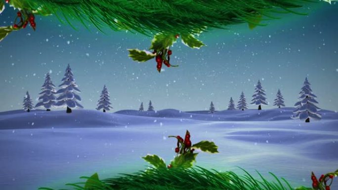 圣诞节花环在蓝天的冬季景观上飘落在多棵树上