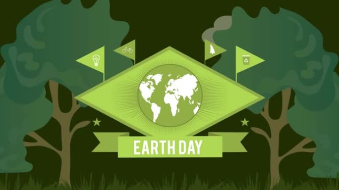 动画的地球和地球日与旗帜在树在深绿色的背景
