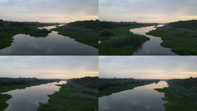 日出时捕获的印度河的空中无人机拍摄。