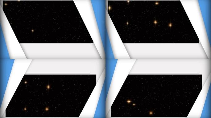 蓝色和白色面板的动画在黑色背景上落下的发光星星上打开