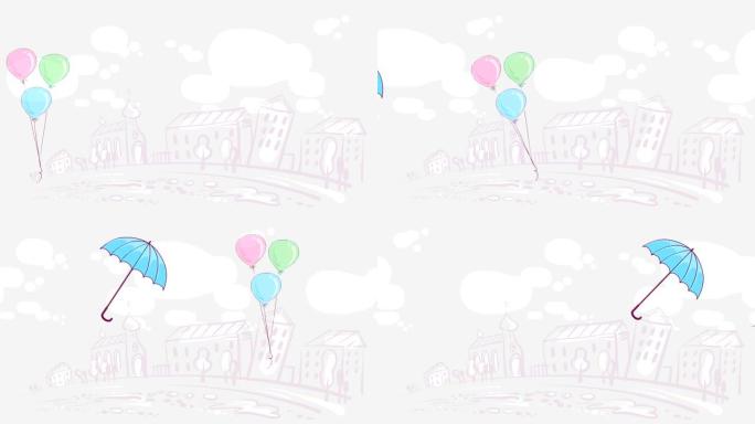 气球和雨伞在城市景观的背景下飞翔