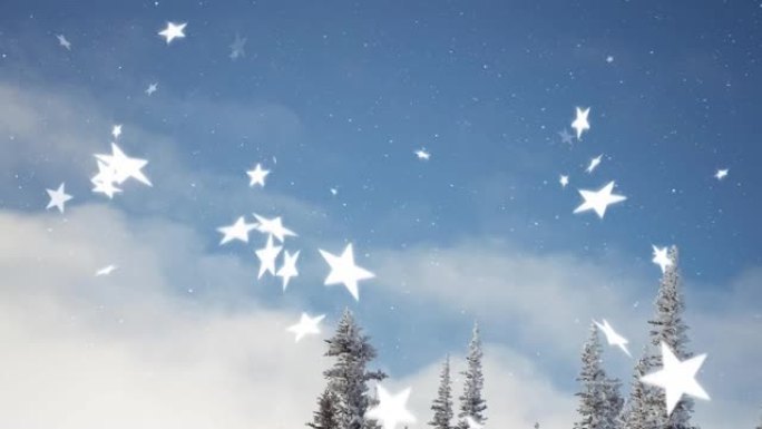 冬季乡村风光飘落的雪花和星星的动画