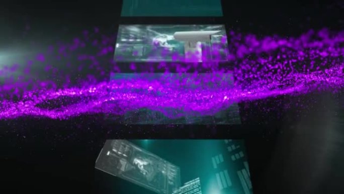 黑色背景屏幕上的各种数据处理上的紫色闪光动画
