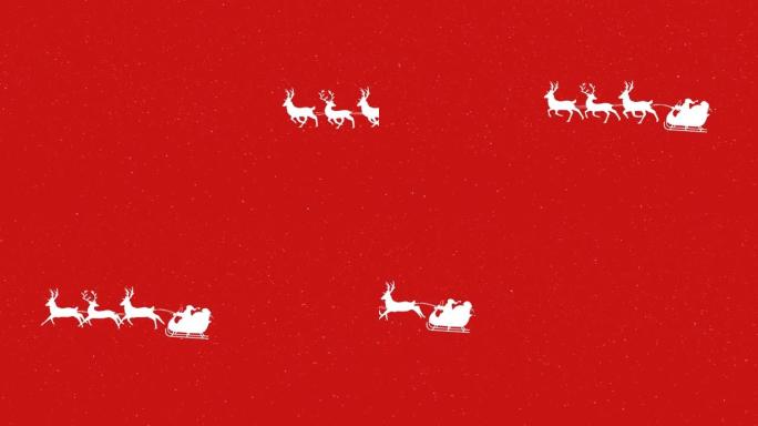 雪落在雪橇上的圣诞老人上，被驯鹿拉着红色背景
