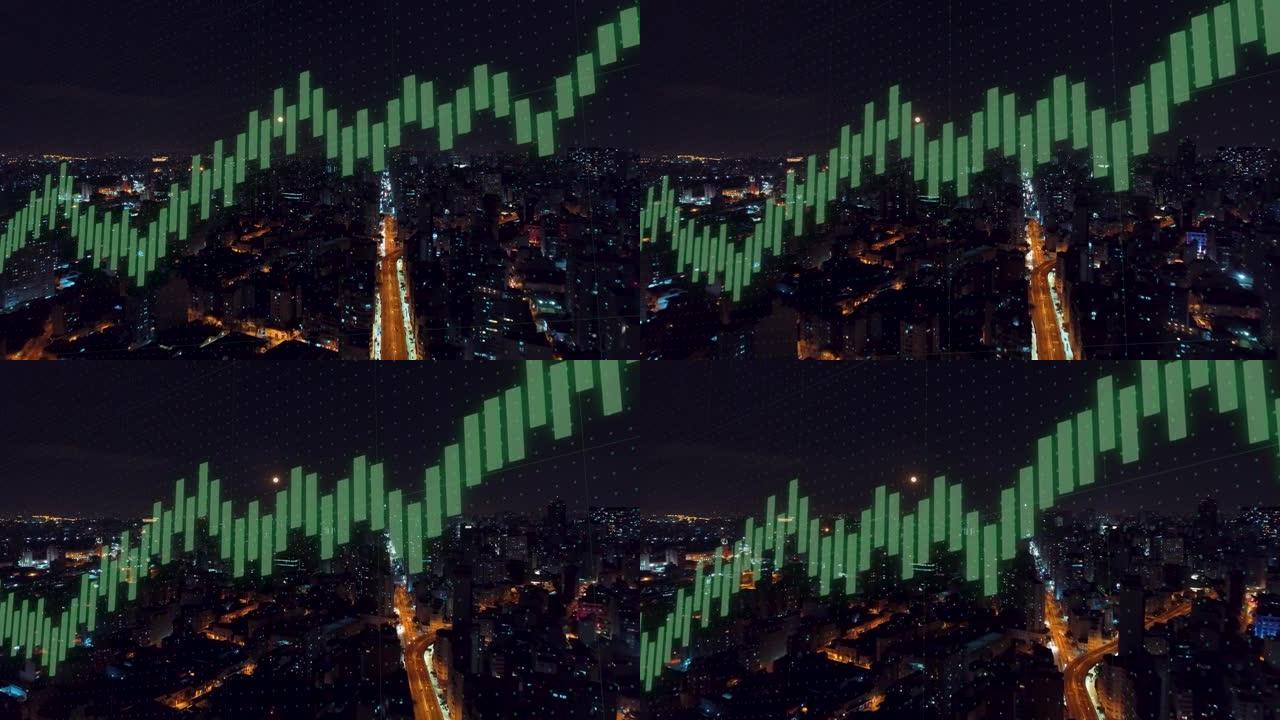 夜间景观的增长图表。演化图。贸易市场。交换图形。商业分析。市场分析。圣保罗的城市景观。外汇利润分析。