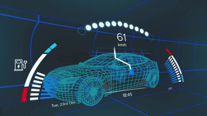 汽车上带有充电电池图标和速度计的界面动画