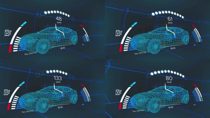 汽车上带有充电电池图标和速度计的界面动画