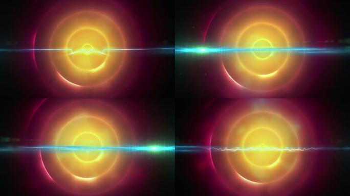 粉红色背景上的蓝色光径对黄色螺旋光径的数字动画
