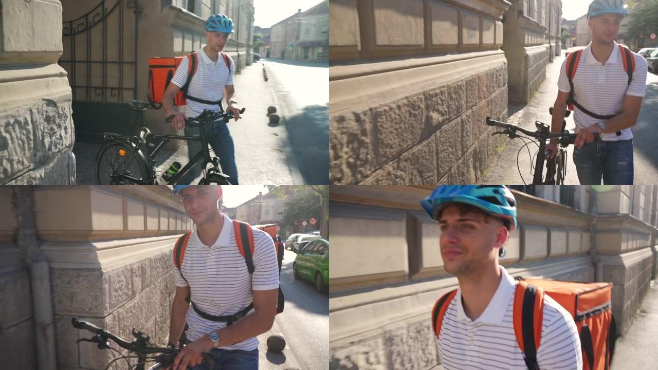 微笑的送货员，骑着自行车在城市运送食物