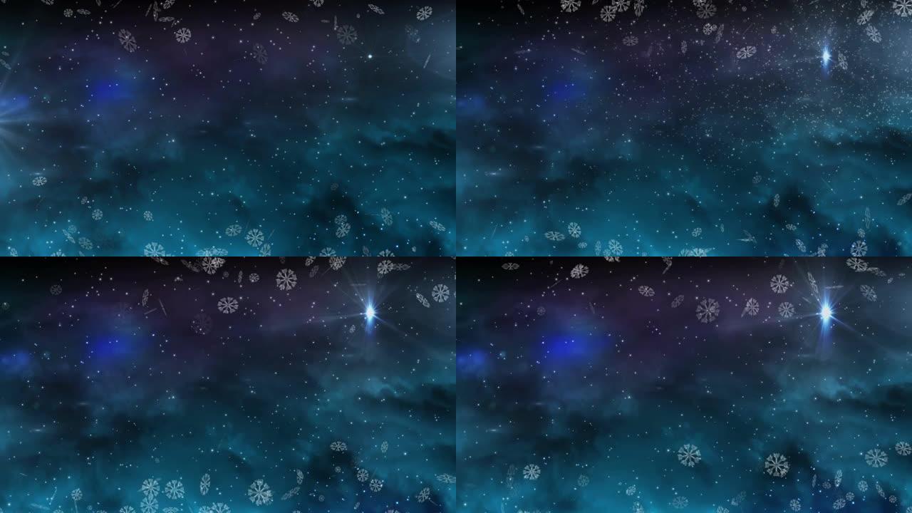 蓝色背景上漂浮在流星上的雪花图标的数字动画