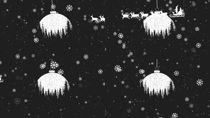 圣诞舞会和圣诞老人在雪橇上的动画，驯鹿在黑色背景上