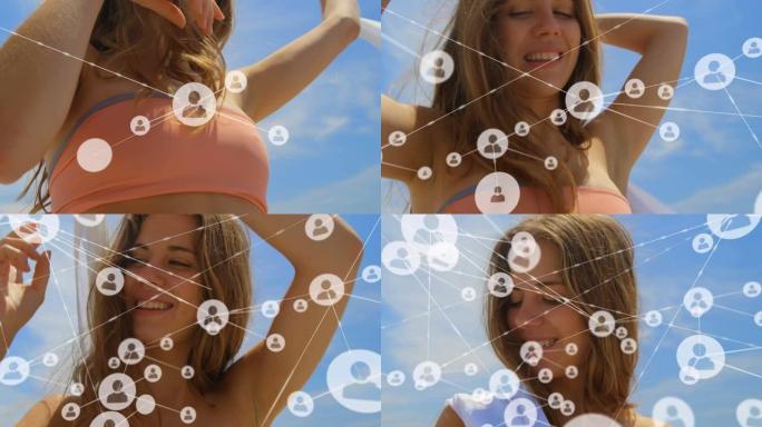 海滩上幸福的女人的联系网络动画