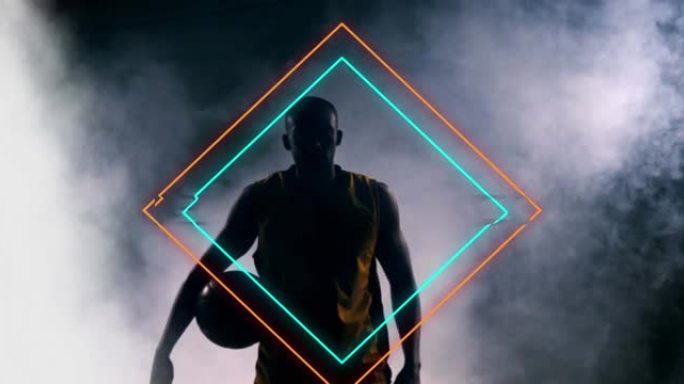 橙色和蓝色霓虹灯钻石对非裔美国男子篮球运动员持球的动画
