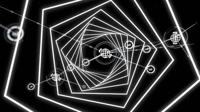 黑色背景上发光六边形隧道的数字图标网络数字动画