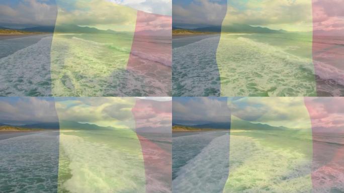 比利时国旗的动画在海滩景观，大海和多云的蓝天上挥舞