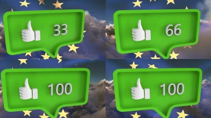 带有数字的类似图标的动画带有欧盟国旗和云的语音气泡