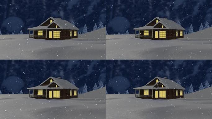 在夜空的冬季景观上，雪落在房屋上