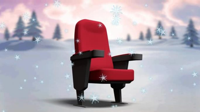 冬天风景下的雪落在红色电影院椅子上的动画