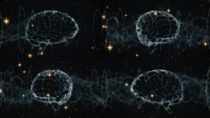 黑色背景上出现在星星上的大脑动画