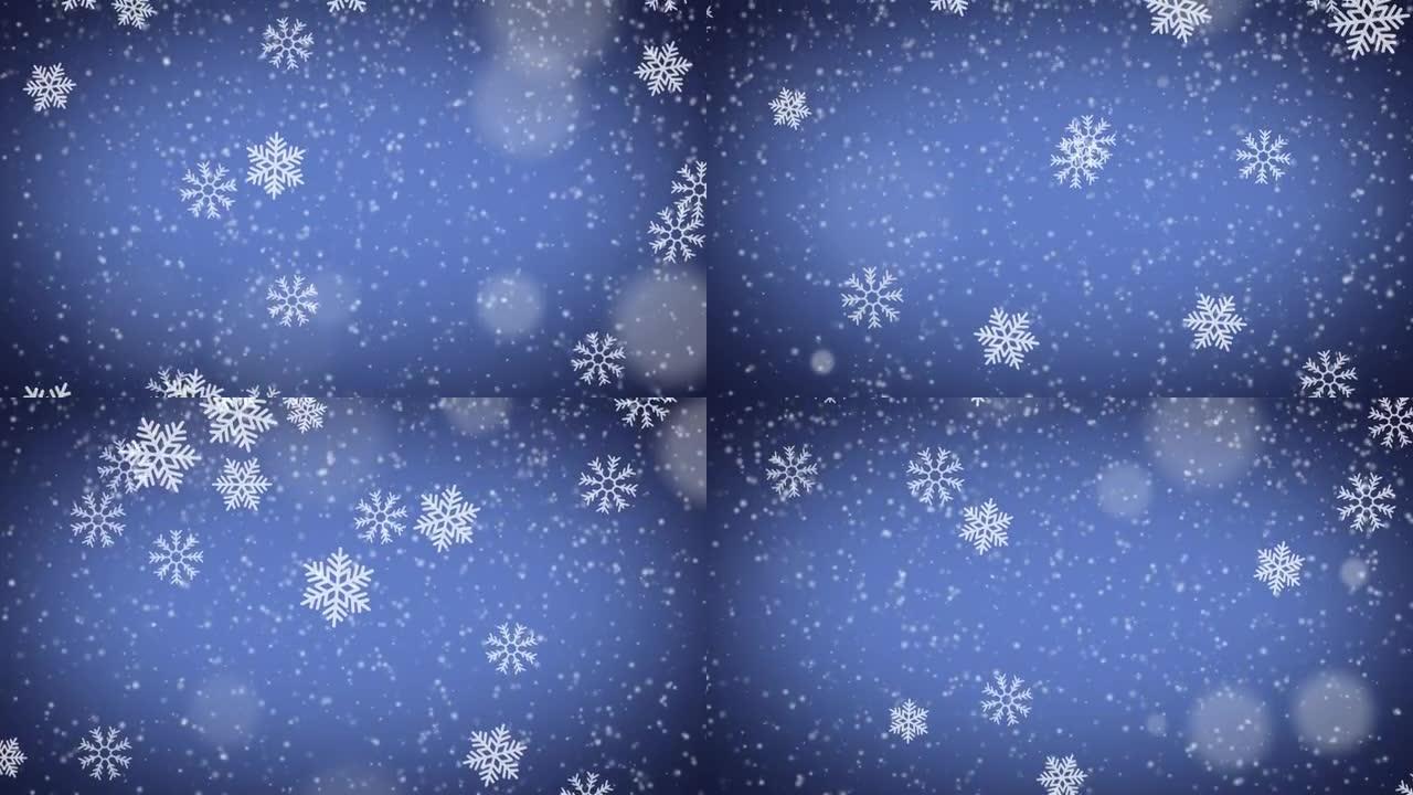 带有bokeh的抽象雪花背景。冬季雪花和星星发光圣诞节。飘落的雪。美丽精致的雪景背景。贺卡、介绍、演
