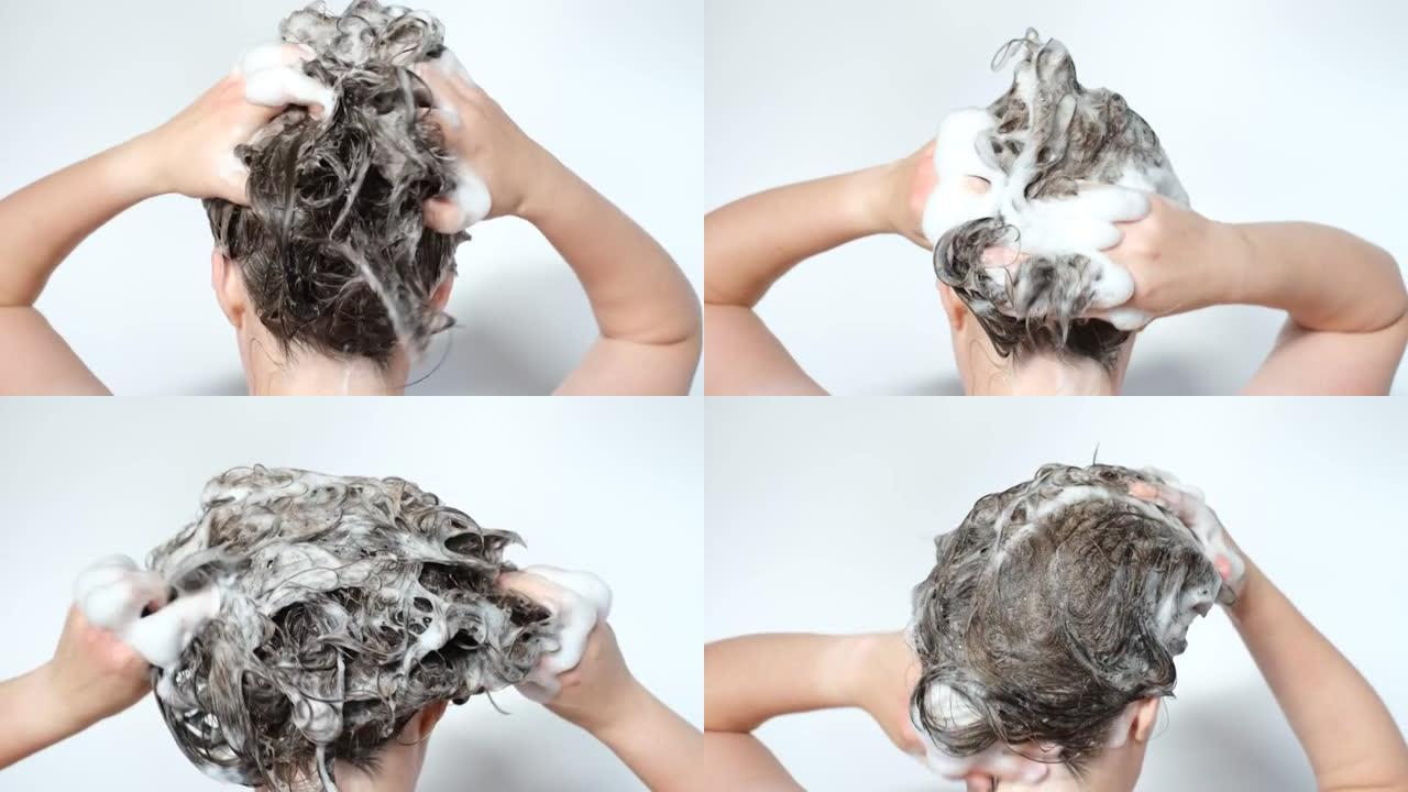 女孩在白色背景上用洗发水洗头，后视图。
