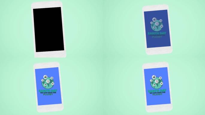 绿色智能手机屏幕上的生态地球日文本和地球仪标志动画