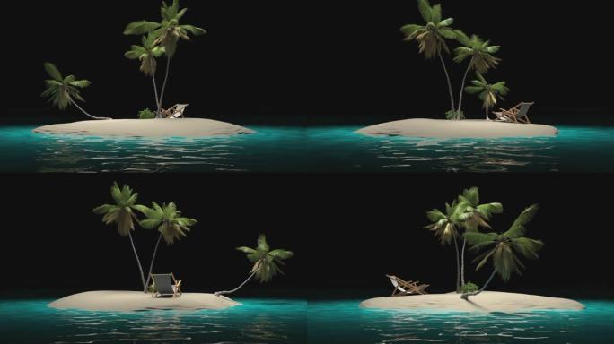 热带岛屿上有棕榈树和一个阳光躺椅，在透明的背景下为键控。