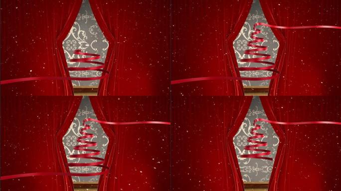 飘雪和红丝带在红色窗帘上形成圣诞树的动画