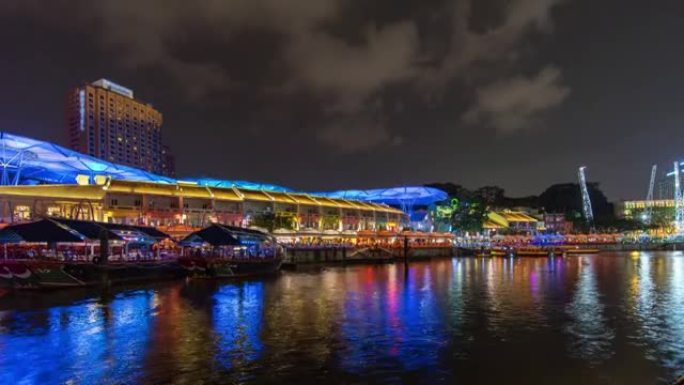 新加坡克拉克码头码头繁忙的游船，五颜六色的夜河，延时视频