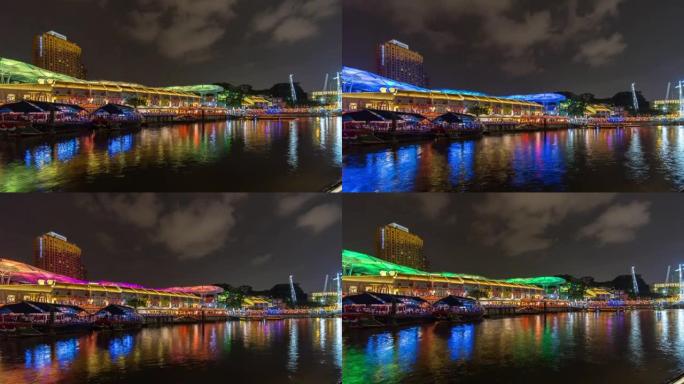 新加坡克拉克码头码头繁忙的游船，五颜六色的夜河，延时视频