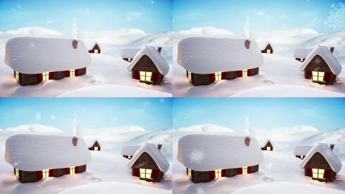 冬天的风景和房屋上积雪的动画