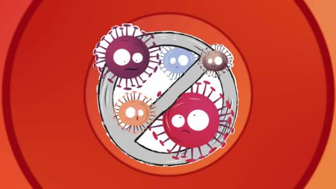 红色背景上有病毒细胞的禁止标志动画