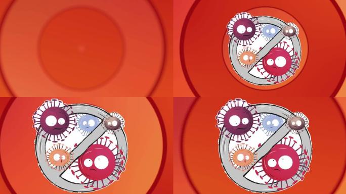 红色背景上有病毒细胞的禁止标志动画