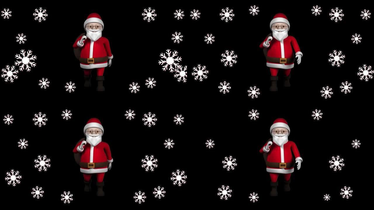 黑色背景上圣诞节圣诞老人的雪花动画