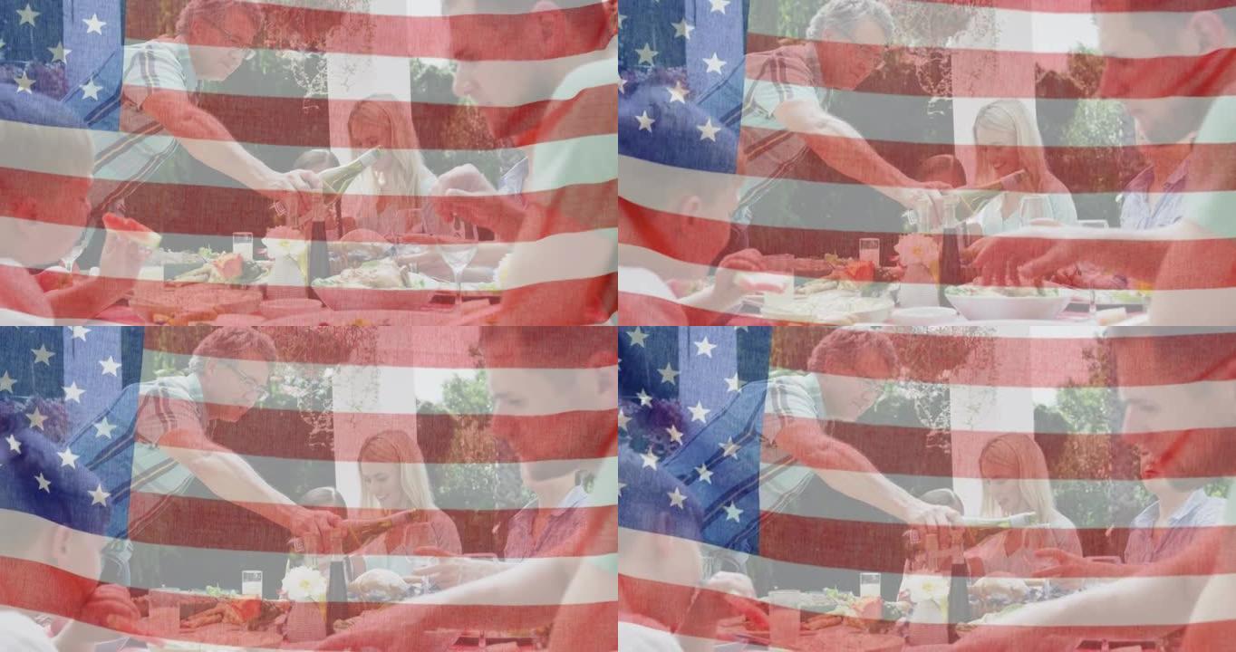 美国国旗动画向微笑的白人家庭挥手