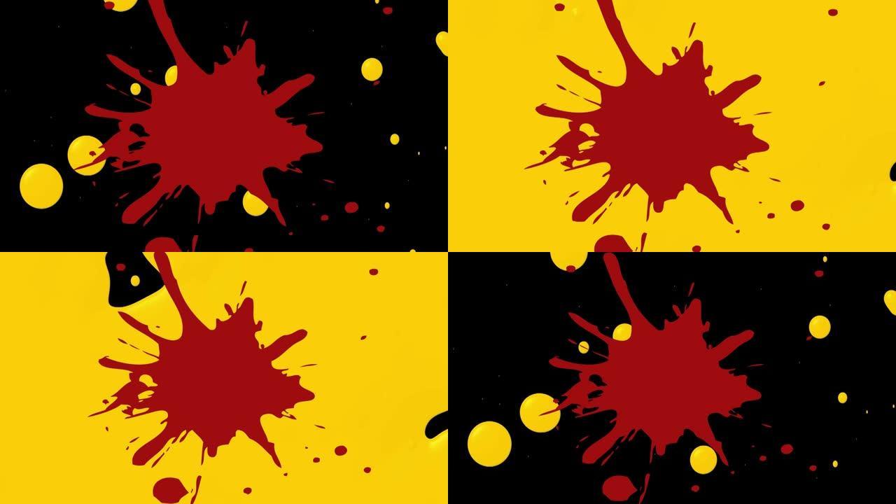 黑色背景上黄色点滴和红色油漆飞溅的动画