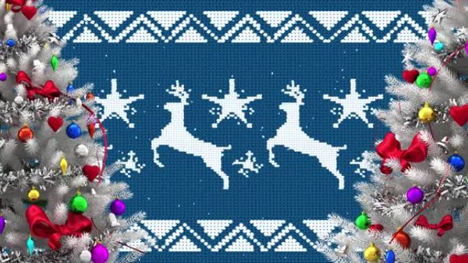 蓝色背景上的树木装饰上的圣诞节小玩意上的雪的动画