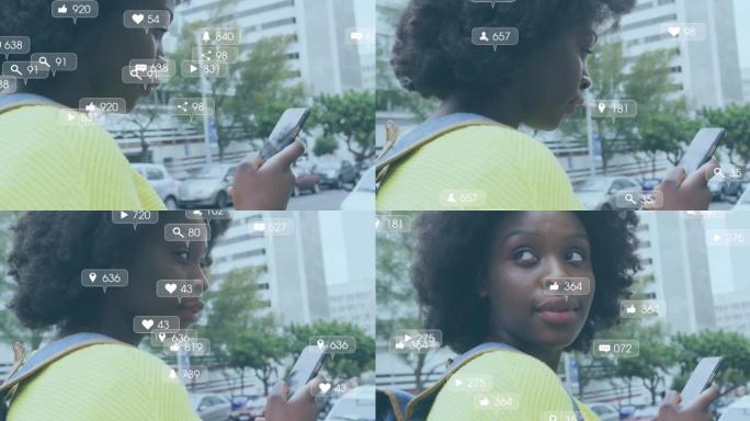 在街上使用智能手机的快乐非裔美国妇女的社交媒体通知动画