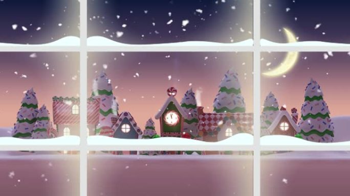 在冬季景观上，窗框上的仙女灯抵御积雪落在多个房屋上