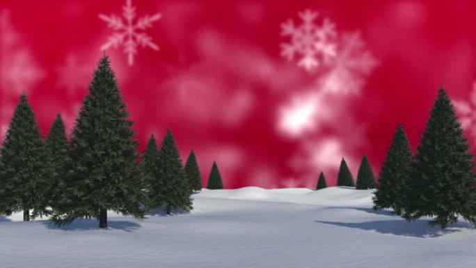 冬季景观上的多束树木与红色背景上漂浮的雪花