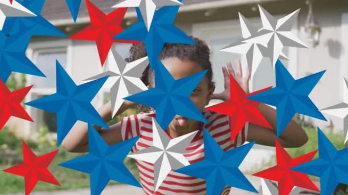 动画的红，蓝和白星星快乐的非洲裔美国女孩有乐趣